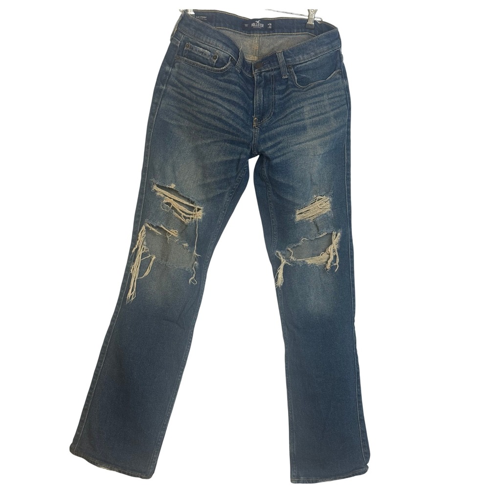 Hollister Mens Slim Straight Jeans Distressed Ripped Blue Wash W30 L32‎